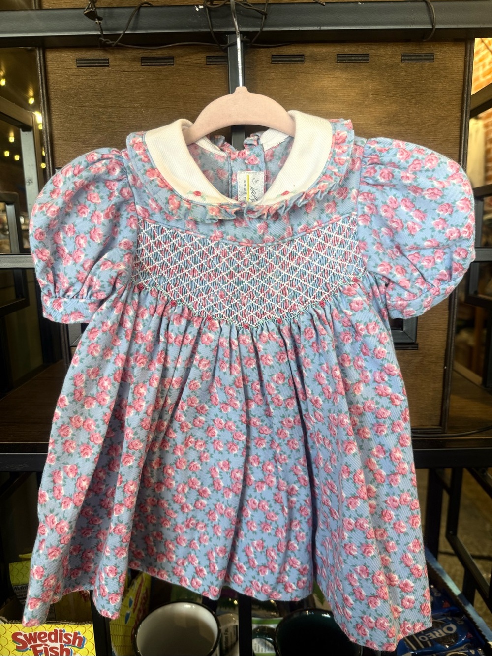 Lord & Taylor Blue Floral Smocked Dress with Pink Rose Print